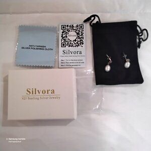 Silvora 925 Sterling Silver Oval Freshwater Cultured Pearl Post Earrings New